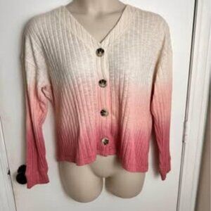 Pink and white ombre women’s button up v neck long sleeve cardigan L #0676